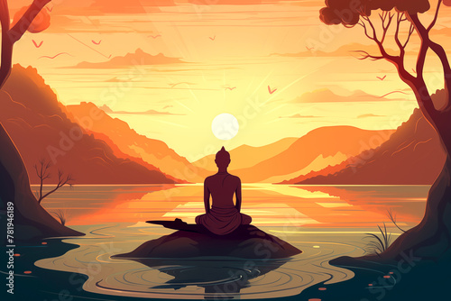 Calm meditation scene of a young monk is meditating while sitting on the stone with lake and mountain view illustration flat design. © polarbearstudio