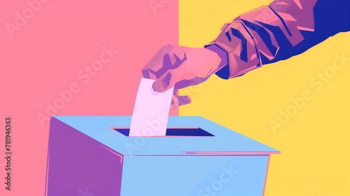 Democratic voting concept, featuring a stylized hand placing a paper ballot into a slot of a ballot box, set against a clean, minimalistic background.