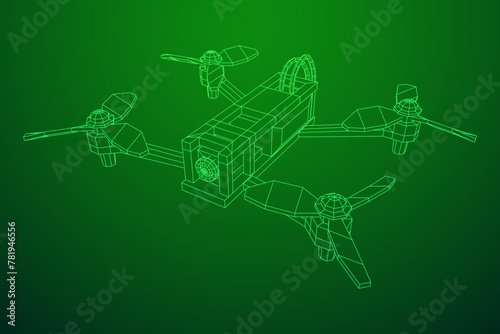 FPV Drone Racing freestyle sport flight. Hobby toys. Wireframe low poly mesh vector illustration.