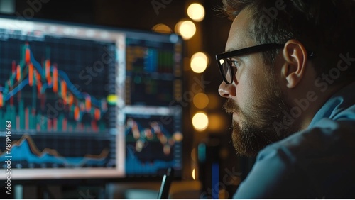 Data analyst and chartist analyzing market data, monitor ,man focus charts , software, trend, trading, finance, stock, forecasting, technology, growth, decline, insight, work station