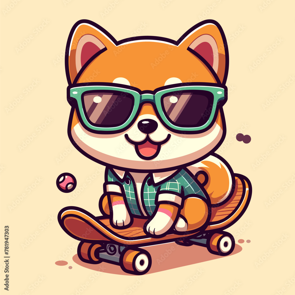 Naklejka premium Playful Shiba Inu on a Skateboard Ride