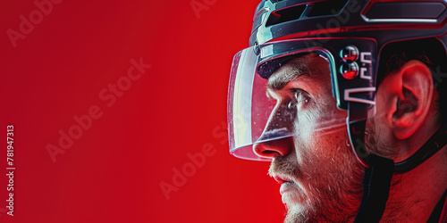 Portrait brutal bearded professional man wearing a hockey helmet and hockey player gear on red background. banner with copy space. sport concept photo