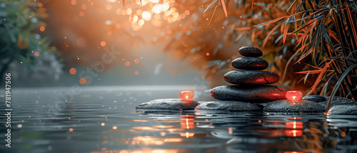 Zen Stones and random Bamboo with a Water Reflection on an Eco-Nature Background in the high Spa Concept for Relaxation bright and balanced Wallpaper Background Cover Magazin Journal Illustration