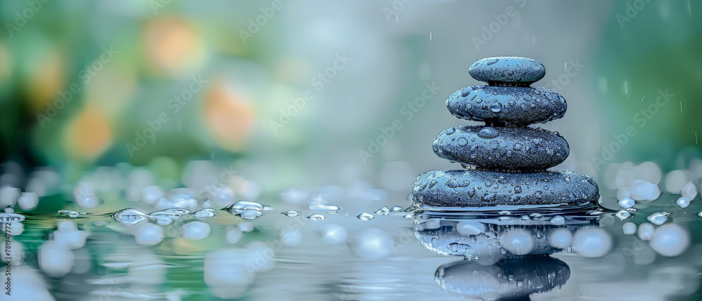 Fototapeta premium Zen Stones and random Bamboo with a Water Reflection on an Eco-Nature Background in the high Spa Concept for Relaxation bright and balanced Wallpaper Background Cover Magazin Journal Illustration