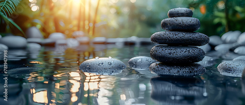 Zen Stones and random Bamboo with a Water Reflection on an Eco-Nature Background in the high Spa Concept for Relaxation bright and balanced Wallpaper Background Cover Magazin Journal Illustration