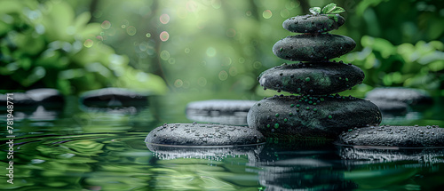 Zen Stones and random Bamboo with a Water Reflection on an Eco-Nature Background in the high Spa Concept for Relaxation bright and balanced Wallpaper Background Cover Magazin Journal Illustration