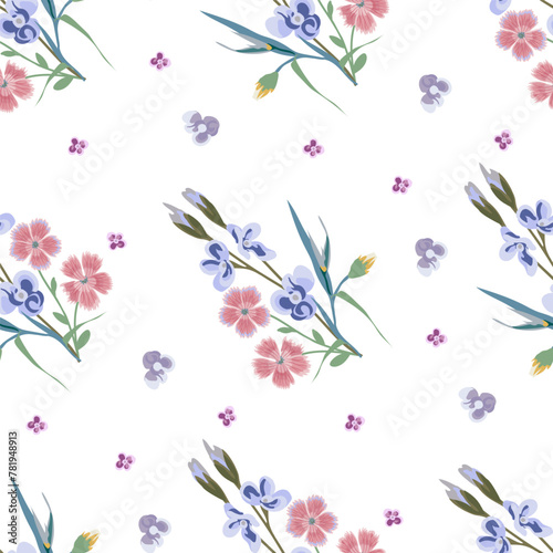Vector seamless floral pattern on a white background, a bouquet of small blue-lilac flowers and pink wild carnations in pastel light colors, background for design of fabric, wallpaper, paper