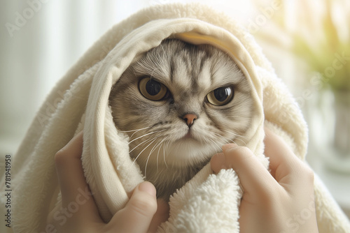 Caring Woman Drying Wet Cat in Towel After Bath