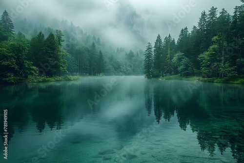 Misty Forest Serenity: Reflective Waters and Whispering Pines. Concept Nature Photography, Dreamy Landscapes, Tranquil Nature Scenes, Misty Forest Views, Calm Water Reflections