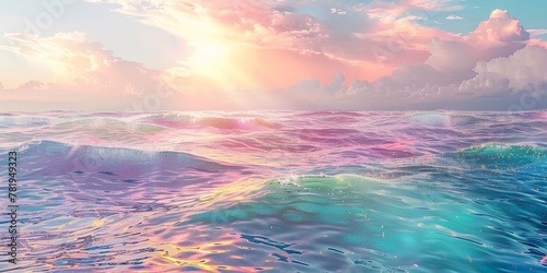 rainy sea iridescent opalescent translucent holographic pastel rainbow coastal water shimmering magical ethereal dreamy serene mystical enchanting vibrant colorful aquatic reflective iridescent waves 