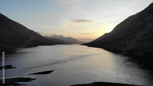 Aerial Drone Footage Glen Etive at sunset. Scotland. photo