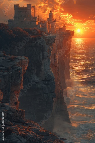 Ancient city perched on a cliff above the roaring sea, offering a stunning sunset view.