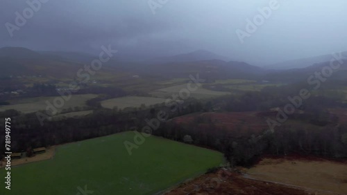 Aerial panoramic Drone Footage near Fort William in the rain. Highland, Scotland. photo