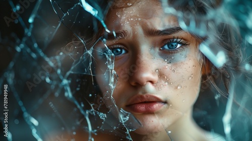 sad upset young woman crashed broken mirror reflection shattered despair emotions self image brokenness pain sadness grief shattered dreams loss vulnerability inner turmoil self esteem self perception