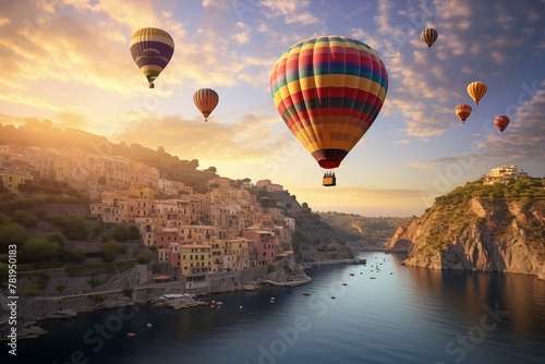 several hot air balloons flying over the water and buildings on the hills