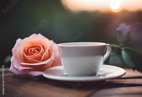 AI generated illustration of a cup of coffee with a pink rose