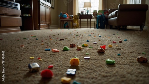 AI generated illustration of a cluttered room filled with various toys strewn across the floor