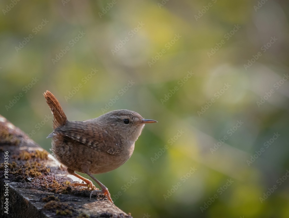 Shallow focus shot of a beautiful wren bird perching on a stone surface in a park Shallow focus shot of a beautiful wren bird perching on a stone surface in a park