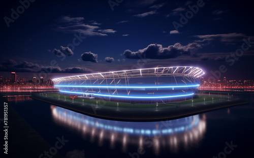 AI generated illustration of a nighttime view of illuminated stadium
