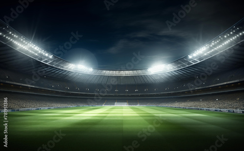 AI generated illustration of a nighttime view of an illuminated, vacant soccer stadium © Wirestock