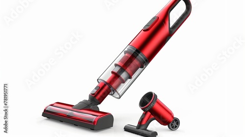 A red, 2-in-1 push-rod, 800W portable handheld vacuum cleaner with a white background is shown in this image. photo