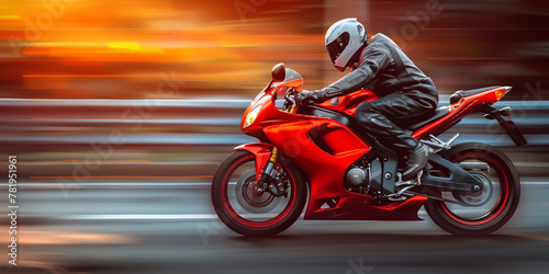 motorcyclist racer on a sports bike in dynamic motion against an abstract background in grunge style. Concept  speed and competition  bikers and adrenaline