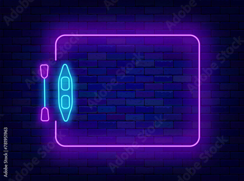 Stand up paddle board neon advertising. SUP-board. Summer vacation. Empty purple frame. Sea sport. Water activity. Beach club greeting card. Copy space. Editing text. Vector stock illustration