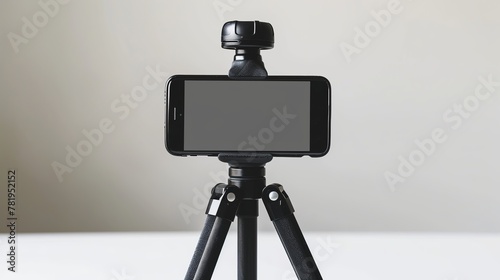 Isolated black smartphone with tripod against white backdrop photo