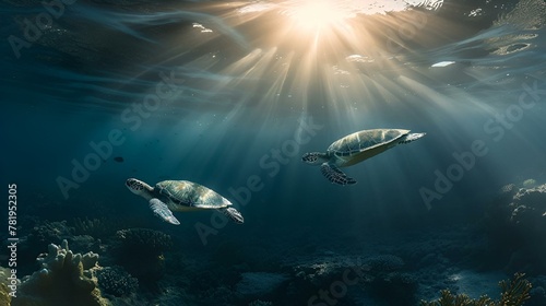 AI generated illustration of turtles gracefully swim beneath a vibrant sunbeam in the blue ocean
