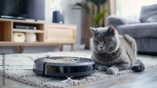 British cat by the living room robot vacuum cleaner. The concept of easy daily cleaning of the house photo