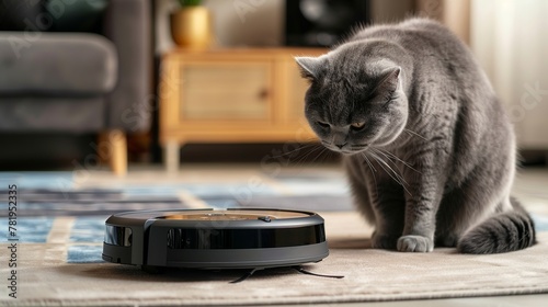 British cat by the living room robot vacuum cleaner. The concept of easy daily cleaning of the house