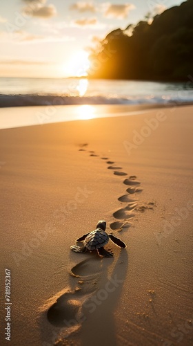 AI generated illustration of a baby turtle on thebeach at sunset photo