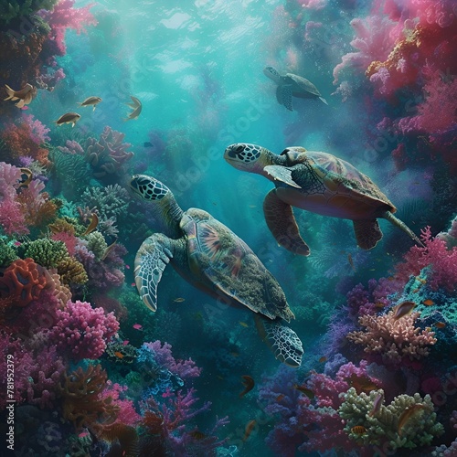 AI generated illustration of a turtle gracefully glides through vibrant coral reef © Wirestock