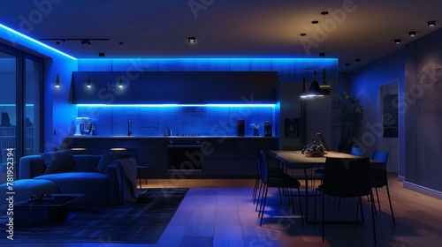 Brutal interior of a large, contemporary one-room apartment with a kitchen, dining table, and home office space. Dark colors, amazing led lighting