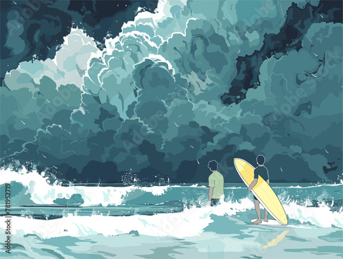 Brave Surfers Charge Under Impending Storm: Nature's Duality Between Serenity and Power