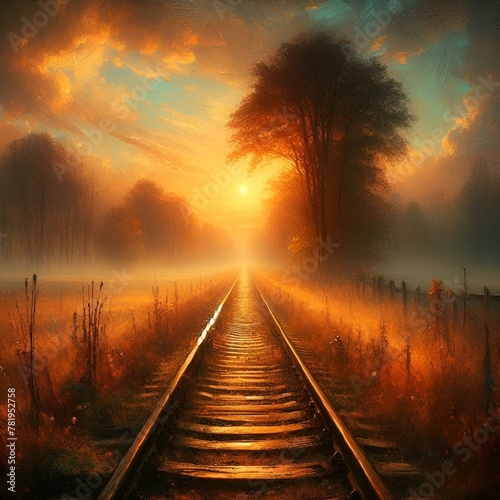 AI generated illustration of train tracks disappearing into a captivating sunset