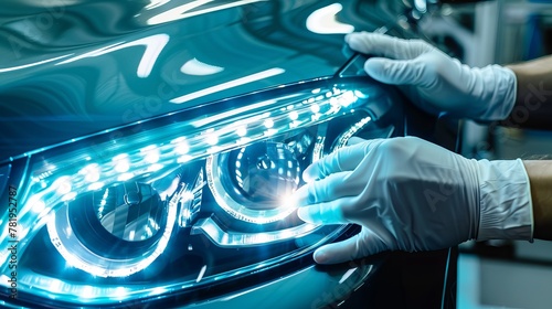 Close-up of a car headlight repair. The lens is installed into the headlight housing by a gloved auto mechanic. The concept of a car service. LED lenses