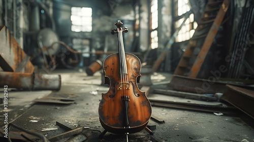 the violin is set up inside of a room covered with broken metal photo