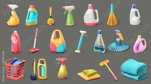 clearing the 3D icon set. Housekeeping. House cleaning services, both wet and dry. Window cleaning, dishwashing, floor mopping, laundry, and spray cleaner. transparent background 
