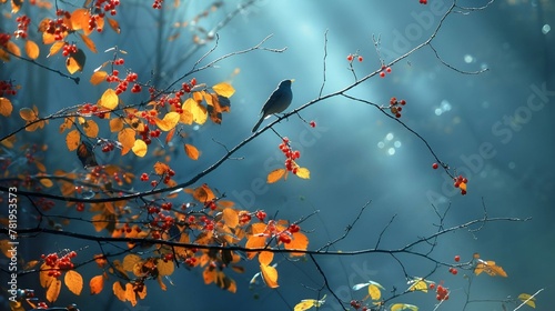 bird perched on branch in autumn with berries in foreground