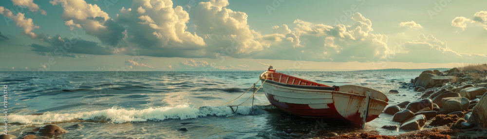 Naklejka premium Ship at sea, anchor ashore.