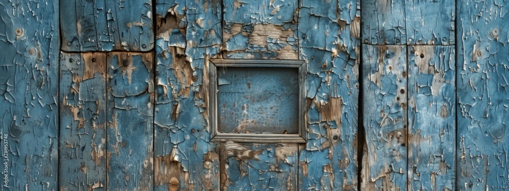 A weathered wooden door with a chipped paint surface, revealing a smooth, unpainted square in the center. A weathered wooden door with a chipped paint surface, revealing a smooth, unpainted square in the center.