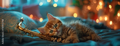 A kitten playtime scene featuring a saxophone as a prop. photo