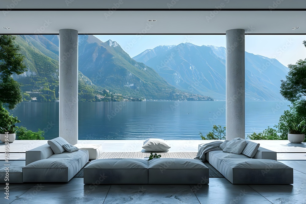 Serene Lakeside Minimalism: A Tranquil Living Space. Concept Interiors, Minimalism, Lakeside Living, Tranquility, Serene Décor