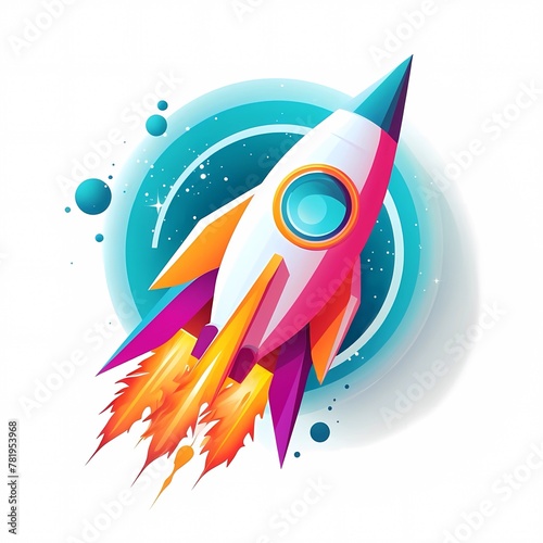 Stylish illustration of a flying rocket. Launching a business product to market.