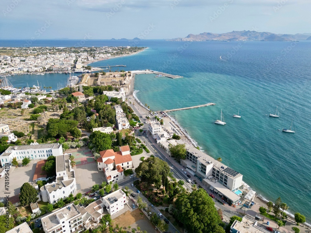 Scenic view of Kos bay (Kos city) and turquoise sea from the air, Greece