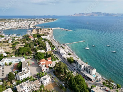 Scenic view of Kos bay (Kos city) and turquoise sea from the air, Greece