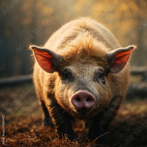 a pig is standing in the sun with it's ears up