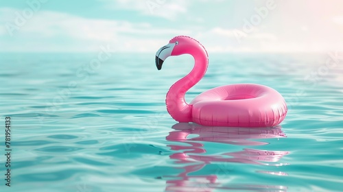 Flamingo print. Isolated pink inflatable flamingo for a summer beach set against a sea backdrop. summer concept. © Zahid