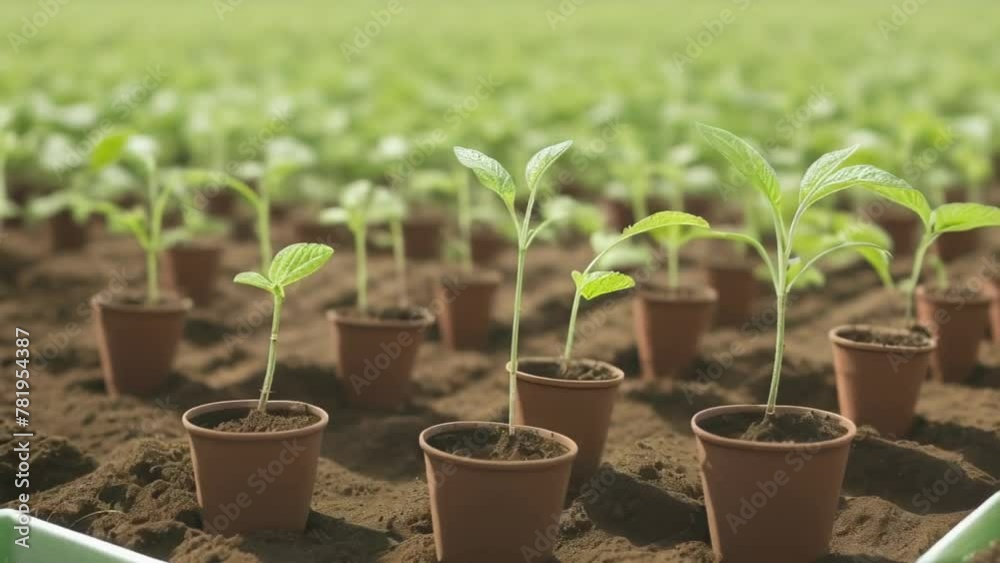 A field of plants with small potted plants in the dirt A field of plants with small potted plants in the dirt